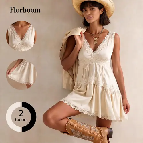 Florboom Womens Boho Lace Mini Stain Slip Dress, V Neck Sleeveless, Tiered with Lace Trim, Flowy Babydoll A-Line Short Dress for Layering Western Vacation Beach Country Concert Date Night, Summervibes Vneck