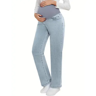 Women's Maternity Straight Loose Denim Work Pants Abdomen Support Pregnancy Maternity Clothes with Pockets No.151