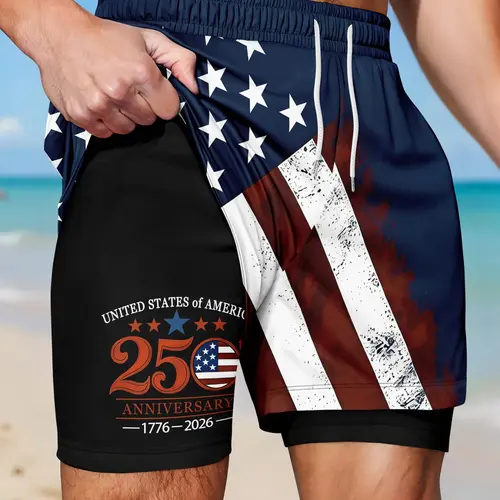 Men's Two-In-One Quick-Dry Beach Shorts, USA 250th Anniversary Flag Print Drawstring Casual Summer Shorts