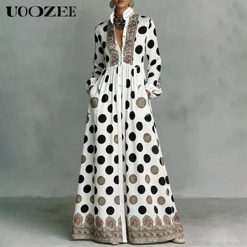 UOOZEE Women's New 2026 Bohemian Polka Dot Slim Fit Big Hemline Puff Sleeves Stand Collar Maxi Dress, Tribal Print Long Sleeve Button-Front Dress with Pockets, Vacation Shirt  Dress, Tall Length (Ladies with C - Cup and Above Need To Order Two Size Up)