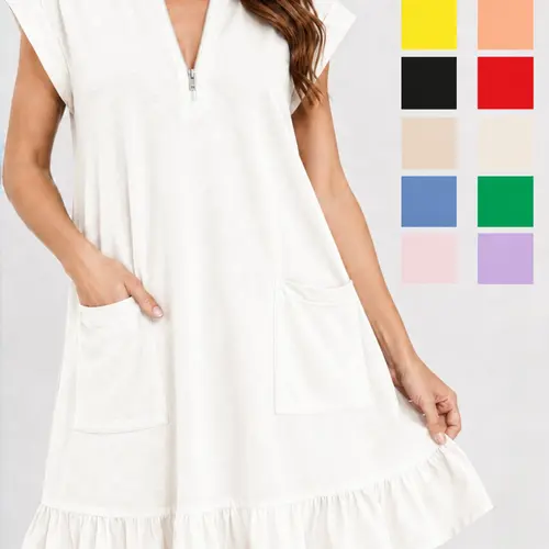 Soft Ruffle Loose Zipper Pockets Dress Summerwins Ruffle Hem Beach Vacation Work Daily Dress Womenswear Minimalist Vneck Basic Casual Shortsleeve White