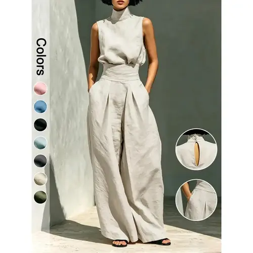2-Piece Elegant Set Chic Mock Neck Halter Top & High-Waisted Wide-Leg Pants, Minimal High Neck Sleeveless Top, Retro Boho Ruffle Sleeveless Top and Pants Set, Solid Color Casual Suit, Trendy Old Money Aesthetic Outfit for Summer (Size Up Recommendation),s