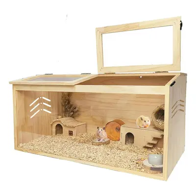 Large Wooden Hamster Cage Spacious Small Pet Habitat with Clear Acrylic Viewing Windows Chew Resistant Pine Wood Mouse Gerbil Syrian Hamster Hideout House Tank Cage Setup with Openable Lockable Lid 100x50x50cm