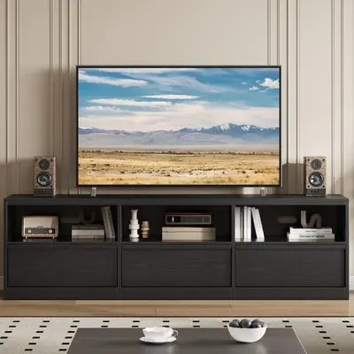 Garvee Mid Century Modern Entertainment Center for 65-75 Inch TVs, Industrial Style TV Stand with 3 Drawers and Open Shelves, Durable MDF Construction, Ideal for Living Room and Bedroom, Black Finish