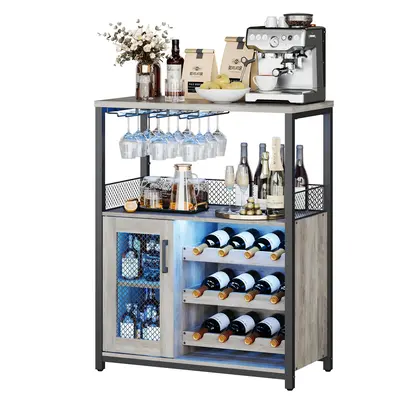 LH-Garvee Wine Bar Cabinet with Detachable Wine Rack, Glass Holder, Storage and Small Sideboard, Coffee Bar Buffet Cabinet with Mesh Door for Kitchen, Living Room, Pantry Light Vanity Set Mirror Mobile Standing Desk Wheels LED Dresser Top
