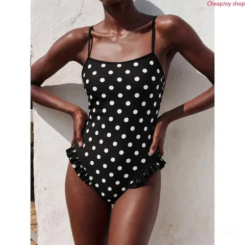 【Summervibes】2026 Women Polka Dot Ruffled Casual Monokini One Piece Swimsuit With Spaghetti Straps,,Summer Holiday Outfits ,Beach Outfits For Women, Bathing Suit
