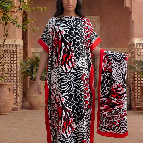 Elegant Leopard Print Two-Piece Set, Casual Cover-Up Dress & Silk Scarf Set, Sun Protection Matching Set for Beach, Fashion All-Season Accessory