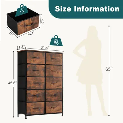 10-Drawer Fabric Storage Tower - Office Organizer Storage Furniture with Drawer Compartments, Modern Chest for Office Stationery & Notebooks Organization