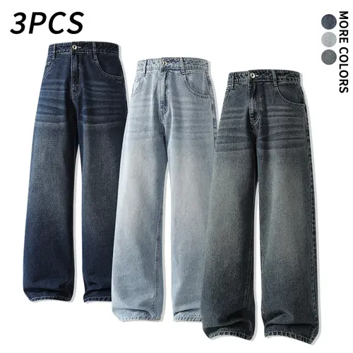 3pcs men’s vintage wash wide leg jeans casual loose baggy denim pants streetwear trousers