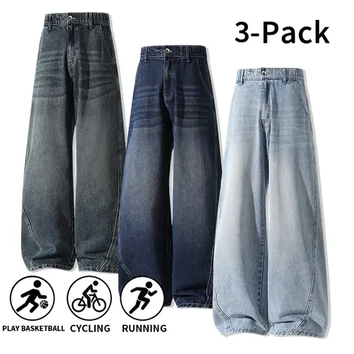 3 Pack Men's Vintage Washed Baggy Jeans, Soft Denim Fabric, Elastic Waist with Button & Zipper Fly, Wide Leg Loose Fit, Retro Streetwear for Daily Casual Wear