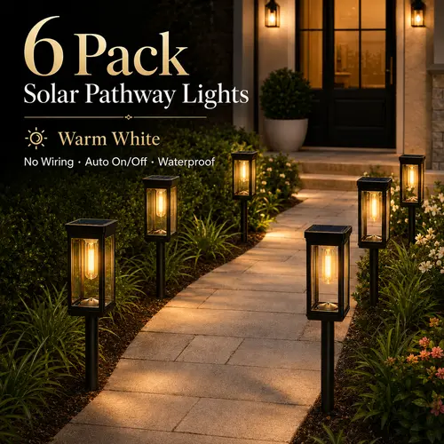 Bloomhaven Decor 6 Pack Solar Pathway Lights Outdoor, Warm White Waterproof Garden Stake Lights, Auto On/Off Solar Landscape Lighting for Walkway, Yard, Driveway, Patio & Flower Bed