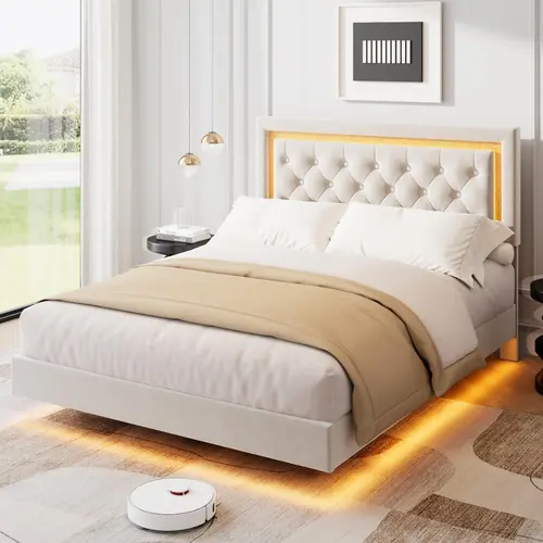 Garvee Queen Size Bed Frame with Smart LED Lighting, Modern Upholstered Diamond Headboard for Comfortable Back Rest, Sturdy Wood Slats, Noise-Free Design, Easy Assembly, Durable Indoor Bedroom Furniture