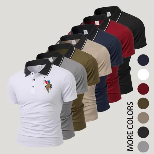 Men’s summer polo shirt with a contrasting collar and details, slim fit, quick-drying, lightweight T-shirt; breathable business-casual top suitable for men’s everyday and office wear.
