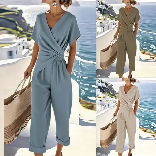 Women's Two Piece Outfits Wrap V Neck Irregular Short Sleeve Tops and Cropped Pants Summer Vacation Sets, Elegant Solid Color Irregular Short Sleeve Set, Women's Summer Fashionable  in Matching Sets with Pockets