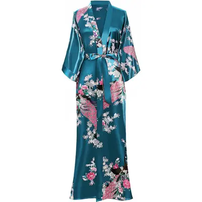 Women's Kimono Robe Long Satin Robes with Peacock and Blossoms Printed Kimono NightgownGift