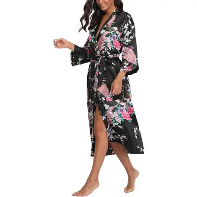 Women's Kimono Robe Peacock & Blossom Robe Wedding Satin Bathrobe NightgownGift