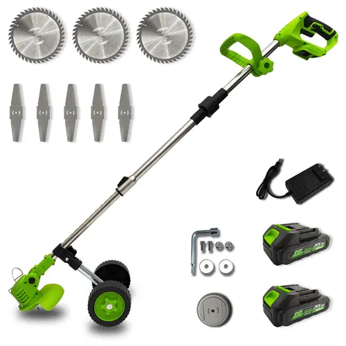 21V Cordless Weed Wacker with 2 Batteries & Wheels, 3-in-1 Electric Grass Trimmer & Brush Cutter, Adjustable Pole Weed Eater with Multi-Blades for Lawn Care ,Women-friendly