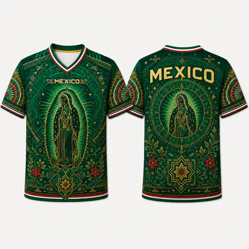 Men's 2026 Mexico Inspired Green V-Neck Short-Sleeve Sports Jersey - Guadalupe Style Sacred Figure Graphic, Aztec Calendar Art, Floral Details, Soccer Fan Casual Game Day Tee, Mexico Jersey