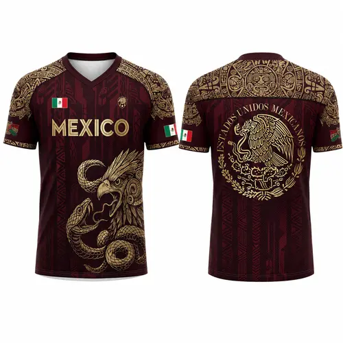 Men's Mexico 2026 Jersey T-Shirt, Burgundy Short Sleeve Graphic Top with Gold Eagle Snake Emblem and Aztec Heritage Print, Mexico Jersey