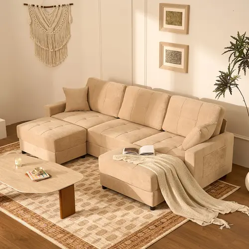 GOSUHI | 112" U-Shaped Modular Biscuit Sofa, Waffle Fabric Sectional Couch with 2 Movable Ottoman, Deep Seats, High Backrest, Pocket Spring Cushions
