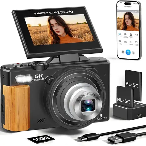 WIKICO 5K Digital Camera, 80MP Digital Camera for Photography with 3" 180° Flip Screen,12X Optical Zoom, Flash, Autofocus Vlogging Camera for YouTube with 2 Batteries & 16GB TF Card, Cam, Usb