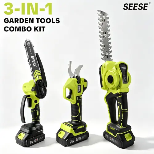 SEESE Cordless Garden Tool Combo Kit with Electric Pruning Shears, 900W Mini Chainsaw with Automatic Oil System & Electric Hedge Trimmer | 21V Battery Powered Tools for Tree Trimming, Branch Cutting, Yard Work & Gardening backtoschool