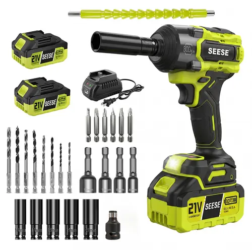 SEESE 3 in 1 Cordless Impact Wrench 590 FT-LBS(800N.m) 3200IPM 1/2 Impact Gun High Torque Electric Impact Driver Cordless Impact Wrench with 21V 2 x3.0Ah Battery ,LED Light,9 Sockets,6 Drills,6 Screws & Case for HomeCar Tire Lug Nut fathe backtoschool