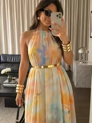 Tie Dye Print Chiffon Maxi Dress Halter Neck Backless Tied Flowy A-Line Long Dress for Vacation#fyp #OOTD #summerwins #dressshopping #summerdresses 