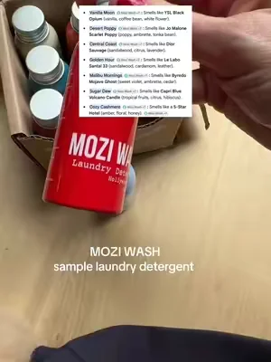 Luxury, laundry detergent, sample pack from Mozi wash! They all smell so good with clean ingredients that are safe! #LaundryDetergent #LaundrySoap #moziwash #luxurylaundry #laundryscent 