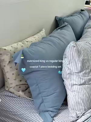 so glad I went back and got the oversized 😆🩵 #coastalbedding #coastalaesthetic #7piececomforterset #bedding 