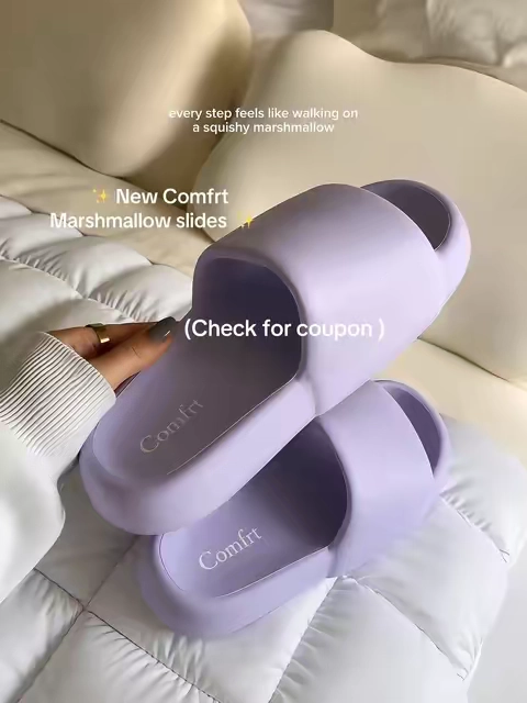 These Comfrt Marshmallow Slides feel like walking on soft, bouncy clouds! The thick 1.4-inch EVA cushioning provides comfortable support while the lightweight slip-on design makes them perfect for lounging at home, running errands, traveling, or wearing after a long day. Available in so many cute colors! #Comfrt #MarshmallowSlides #ComfySlides #CloudSlides #houseslippers 