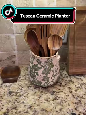 So tired of the bland modern kitchen aesthetic. Gorgeous Tuscan planter that’s perfect for flowers to kitchen utensils! 🍂🍃✨  #kitchendecor #planter #kitchen #vintagekitchen #kitchenorganization 