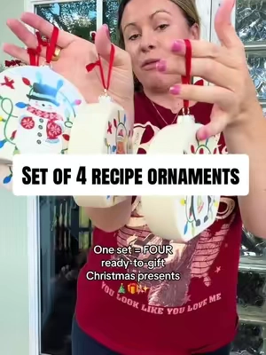 Such a cute little Christmas gifting find. 🎄 Set of 4 recipe ornaments 📖 Each ornament features a different recipe 🎁 Individual gift boxes included ✨ Multiple festive designs to choose from ❤️ A keepsake they can pull out every Christmas You could gift the whole set or split them into four separate gifts! #qvc #christmasgiftideas #stockingstuffer #christmasgift #teachergift 